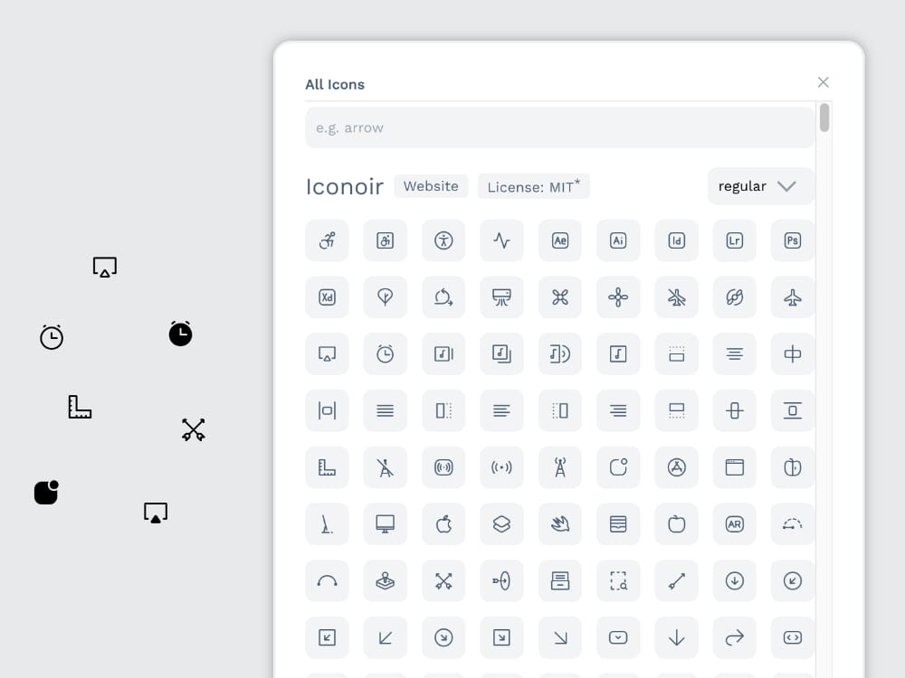 Icons scattered in a canvas. On the right, a panel with a search bar and multiple sections with icons from different libraries.